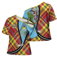 Saint Lucia Creole Day Cross Shoulder Shirt Madras Pattern Zipper Stylized - Wonder Print Shop