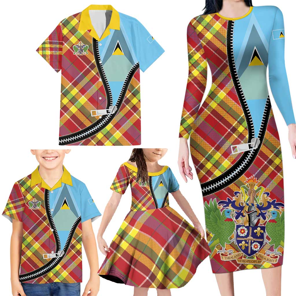 Saint Lucia Creole Day Family Matching Long Sleeve Bodycon Dress and Hawaiian Shirt Madras Pattern Zipper Stylized - Wonder Print Shop