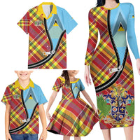 Saint Lucia Creole Day Family Matching Long Sleeve Bodycon Dress and Hawaiian Shirt Madras Pattern Zipper Stylized - Wonder Print Shop