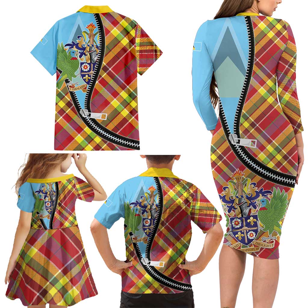 Saint Lucia Creole Day Family Matching Long Sleeve Bodycon Dress and Hawaiian Shirt Madras Pattern Zipper Stylized - Wonder Print Shop