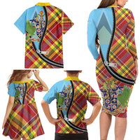 Saint Lucia Creole Day Family Matching Long Sleeve Bodycon Dress and Hawaiian Shirt Madras Pattern Zipper Stylized - Wonder Print Shop