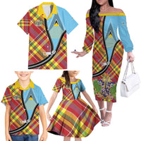 Saint Lucia Creole Day Family Matching Off The Shoulder Long Sleeve Dress and Hawaiian Shirt Madras Pattern Zipper Stylized - Wonder Print Shop
