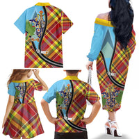 Saint Lucia Creole Day Family Matching Off The Shoulder Long Sleeve Dress and Hawaiian Shirt Madras Pattern Zipper Stylized - Wonder Print Shop