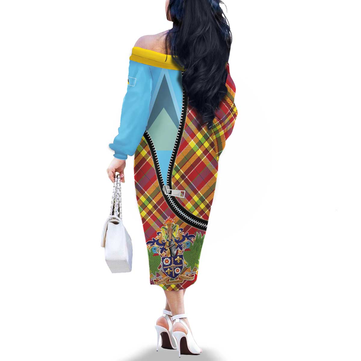 Saint Lucia Creole Day Family Matching Off The Shoulder Long Sleeve Dress and Hawaiian Shirt Madras Pattern Zipper Stylized - Wonder Print Shop