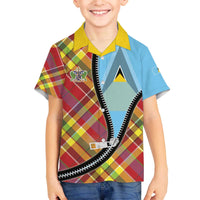 Saint Lucia Creole Day Family Matching Off The Shoulder Long Sleeve Dress and Hawaiian Shirt Madras Pattern Zipper Stylized - Wonder Print Shop