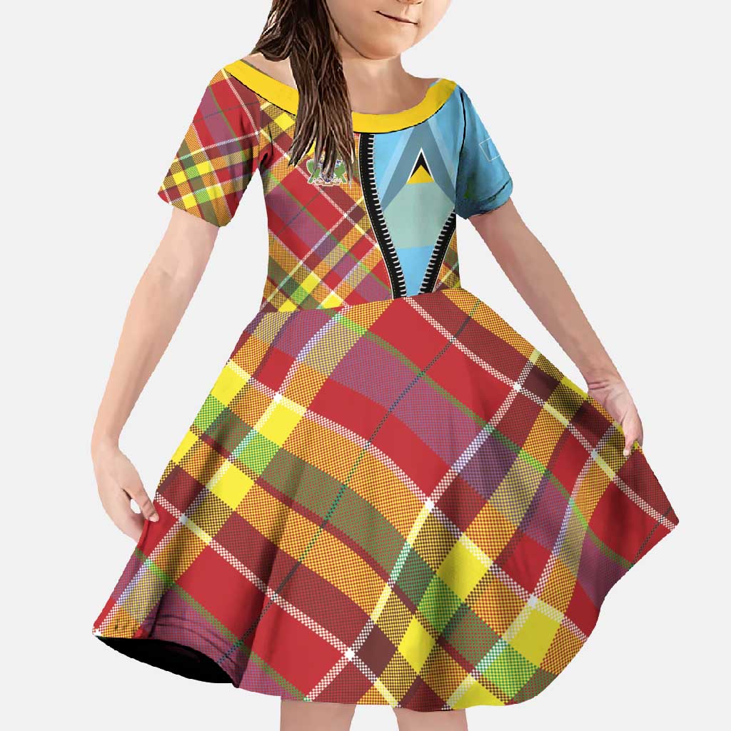 Saint Lucia Creole Day Family Matching Off Shoulder Maxi Dress and Hawaiian Shirt Madras Pattern Zipper Stylized - Wonder Print Shop