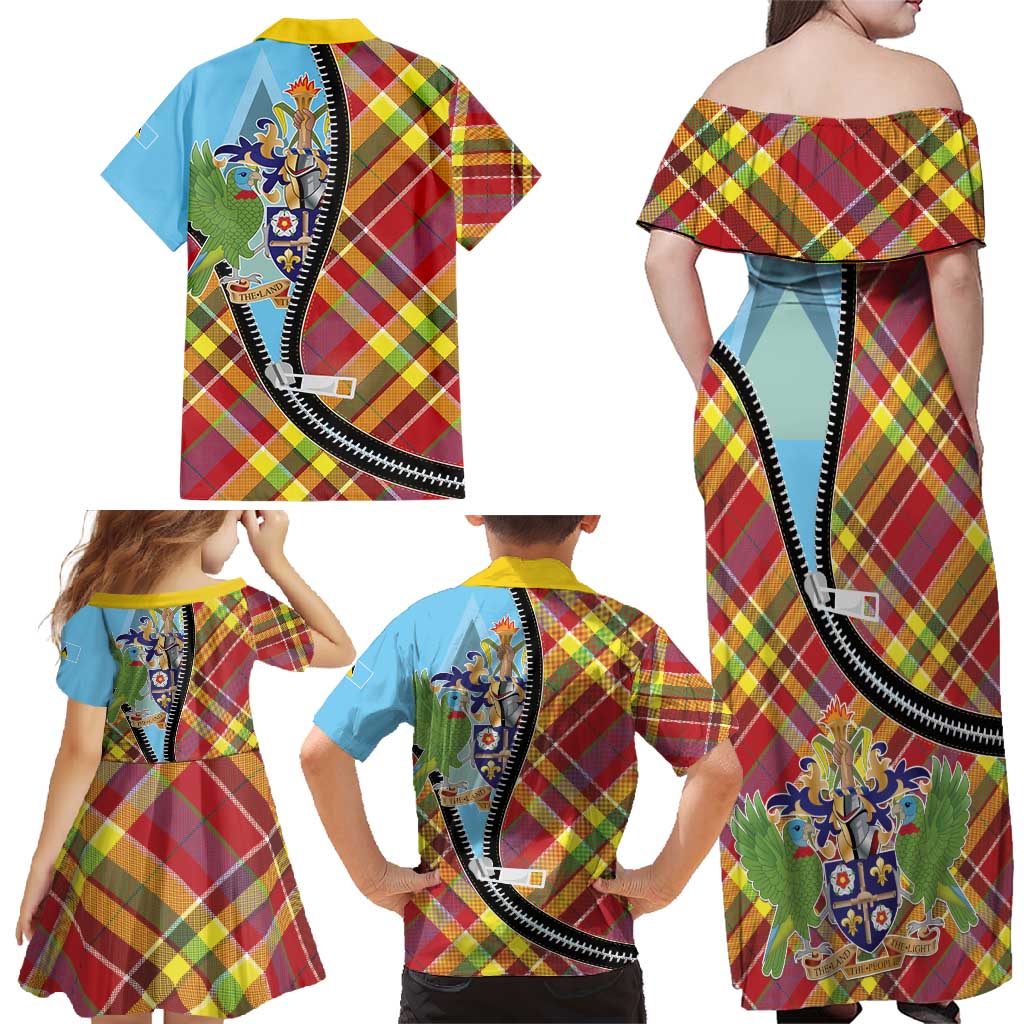Saint Lucia Creole Day Family Matching Off Shoulder Maxi Dress and Hawaiian Shirt Madras Pattern Zipper Stylized - Wonder Print Shop