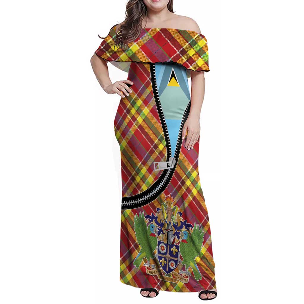 Saint Lucia Creole Day Family Matching Off Shoulder Maxi Dress and Hawaiian Shirt Madras Pattern Zipper Stylized - Wonder Print Shop
