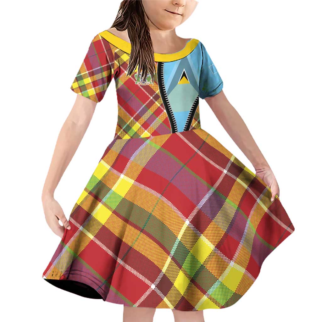 Saint Lucia Creole Day Family Matching Off Shoulder Short Dress and Hawaiian Shirt Madras Pattern Zipper Stylized - Wonder Print Shop