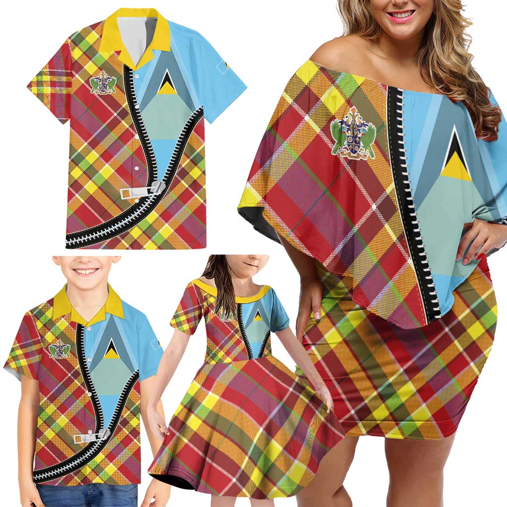Saint Lucia Creole Day Family Matching Off Shoulder Short Dress and Hawaiian Shirt Madras Pattern Zipper Stylized - Wonder Print Shop