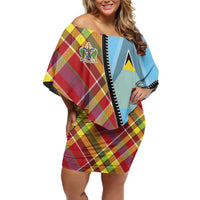 Saint Lucia Creole Day Family Matching Off Shoulder Short Dress and Hawaiian Shirt Madras Pattern Zipper Stylized - Wonder Print Shop