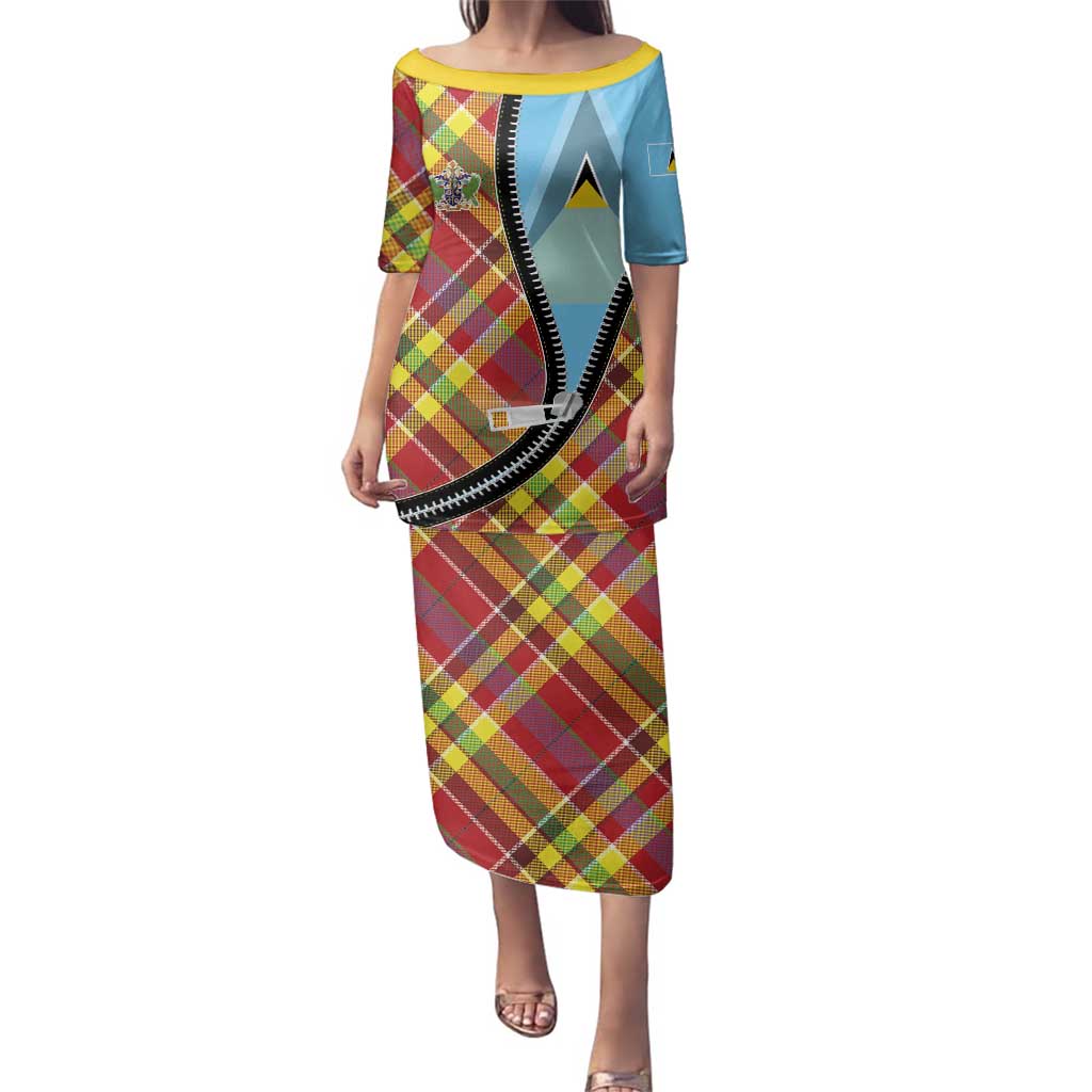 Saint Lucia Creole Day Family Matching Puletasi and Hawaiian Shirt Madras Pattern Zipper Stylized - Wonder Print Shop