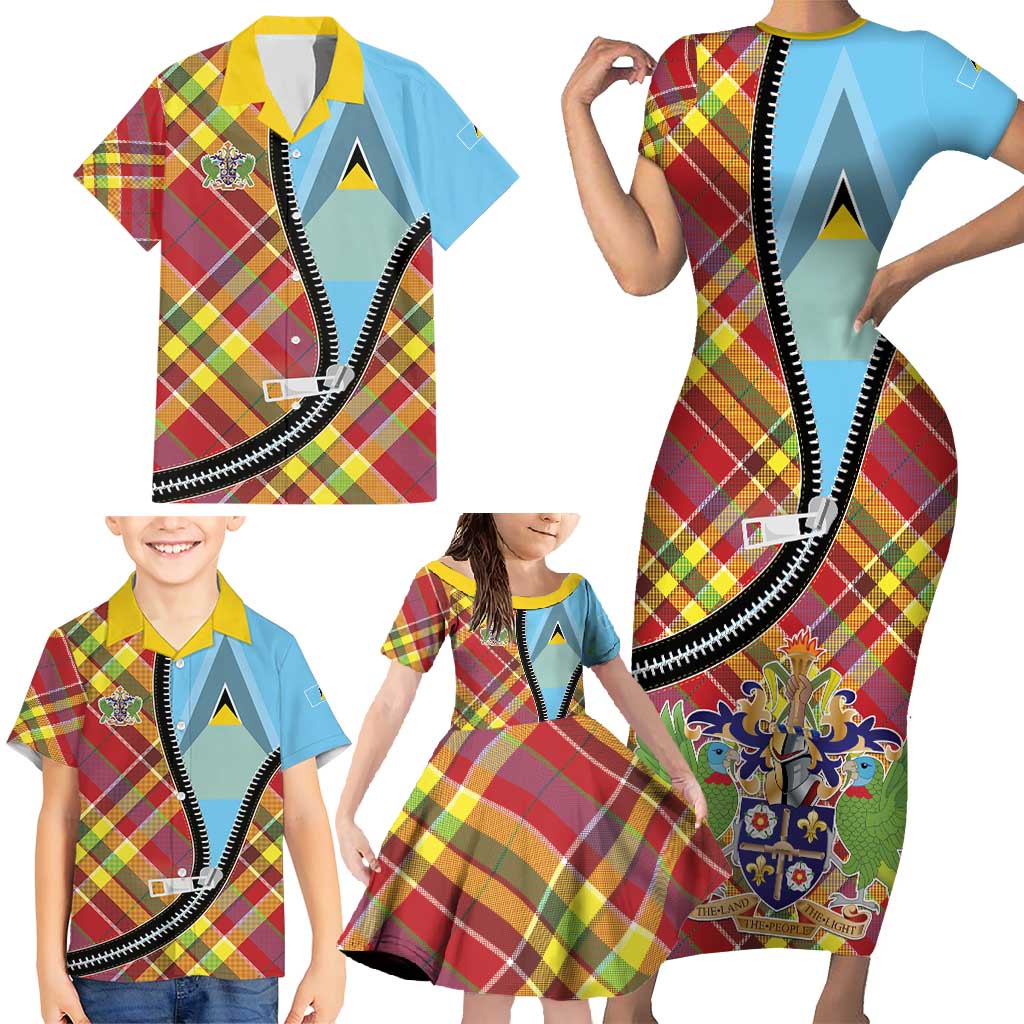 Saint Lucia Creole Day Family Matching Short Sleeve Bodycon Dress and Hawaiian Shirt Madras Pattern Zipper Stylized - Wonder Print Shop