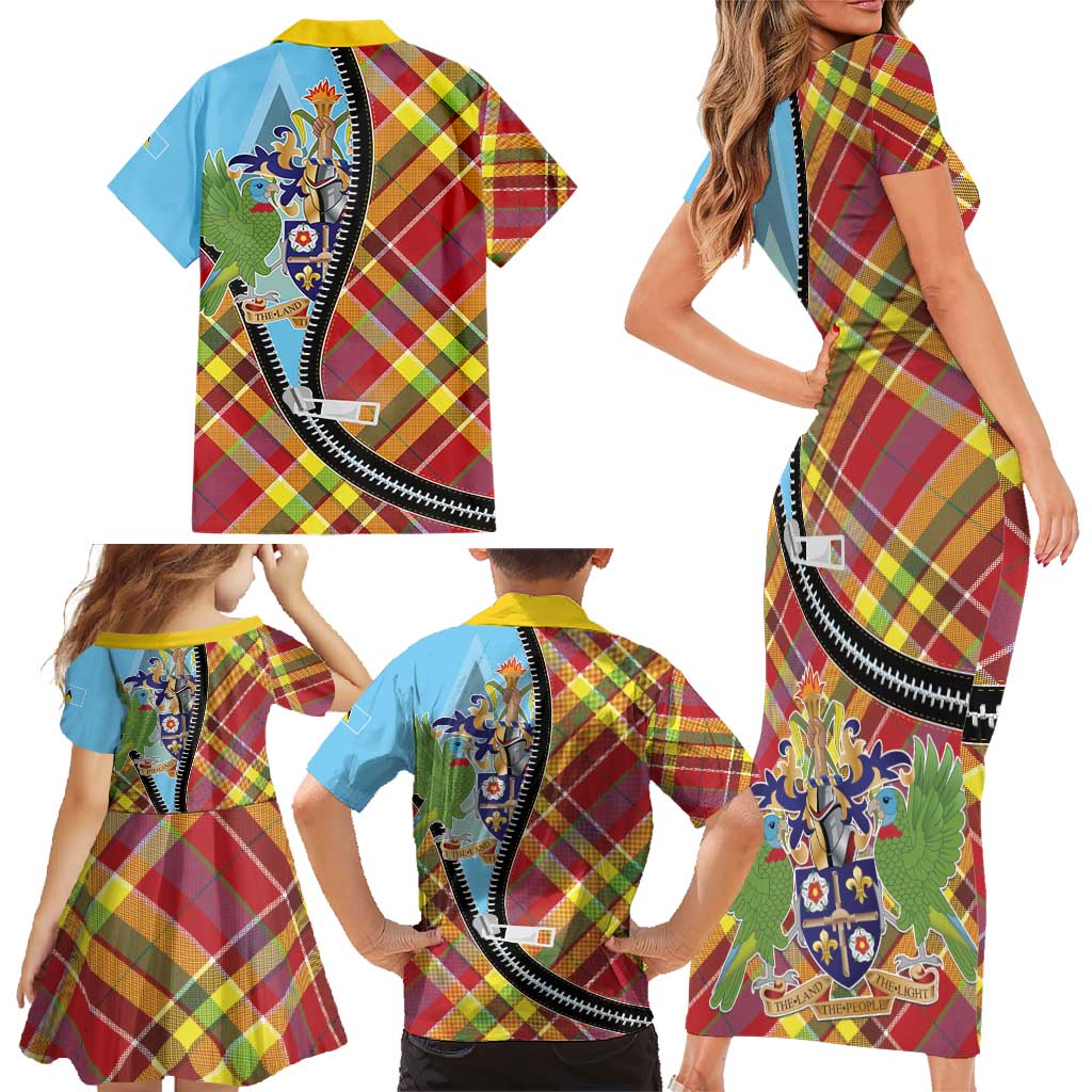 Saint Lucia Creole Day Family Matching Short Sleeve Bodycon Dress and Hawaiian Shirt Madras Pattern Zipper Stylized - Wonder Print Shop