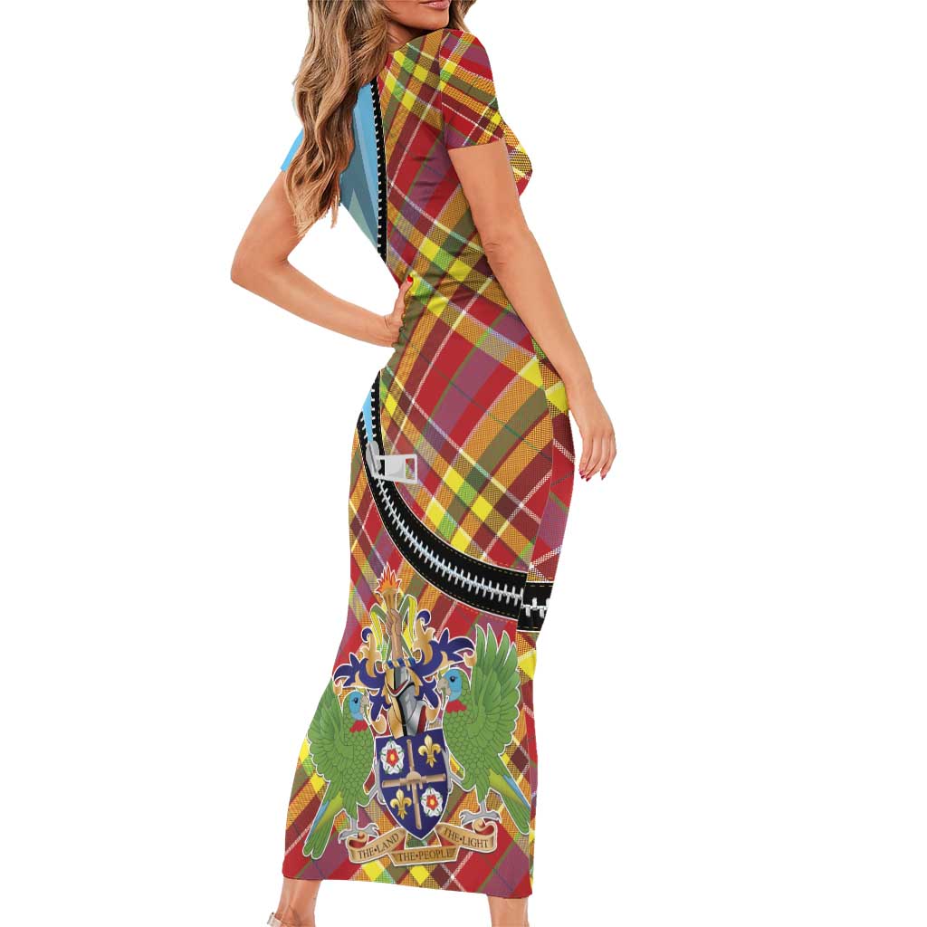 Saint Lucia Creole Day Family Matching Short Sleeve Bodycon Dress and Hawaiian Shirt Madras Pattern Zipper Stylized - Wonder Print Shop