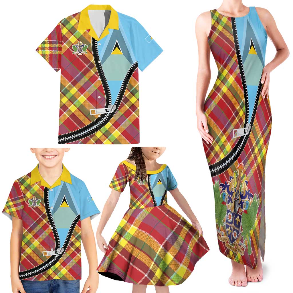 Saint Lucia Creole Day Family Matching Tank Maxi Dress and Hawaiian Shirt Madras Pattern Zipper Stylized - Wonder Print Shop