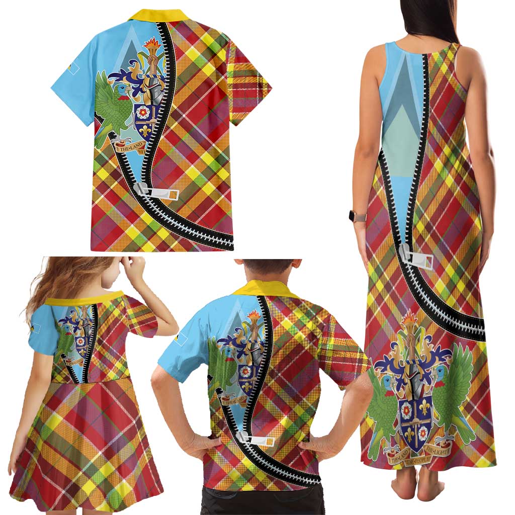 Saint Lucia Creole Day Family Matching Tank Maxi Dress and Hawaiian Shirt Madras Pattern Zipper Stylized - Wonder Print Shop