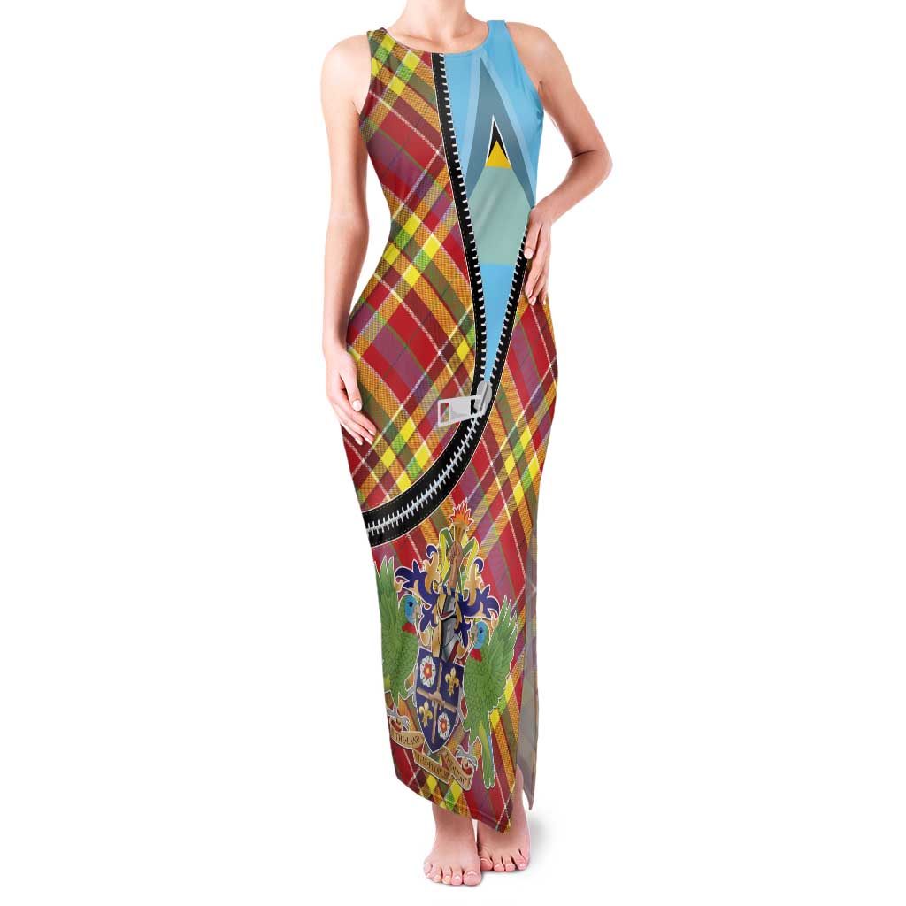 Saint Lucia Creole Day Family Matching Tank Maxi Dress and Hawaiian Shirt Madras Pattern Zipper Stylized - Wonder Print Shop