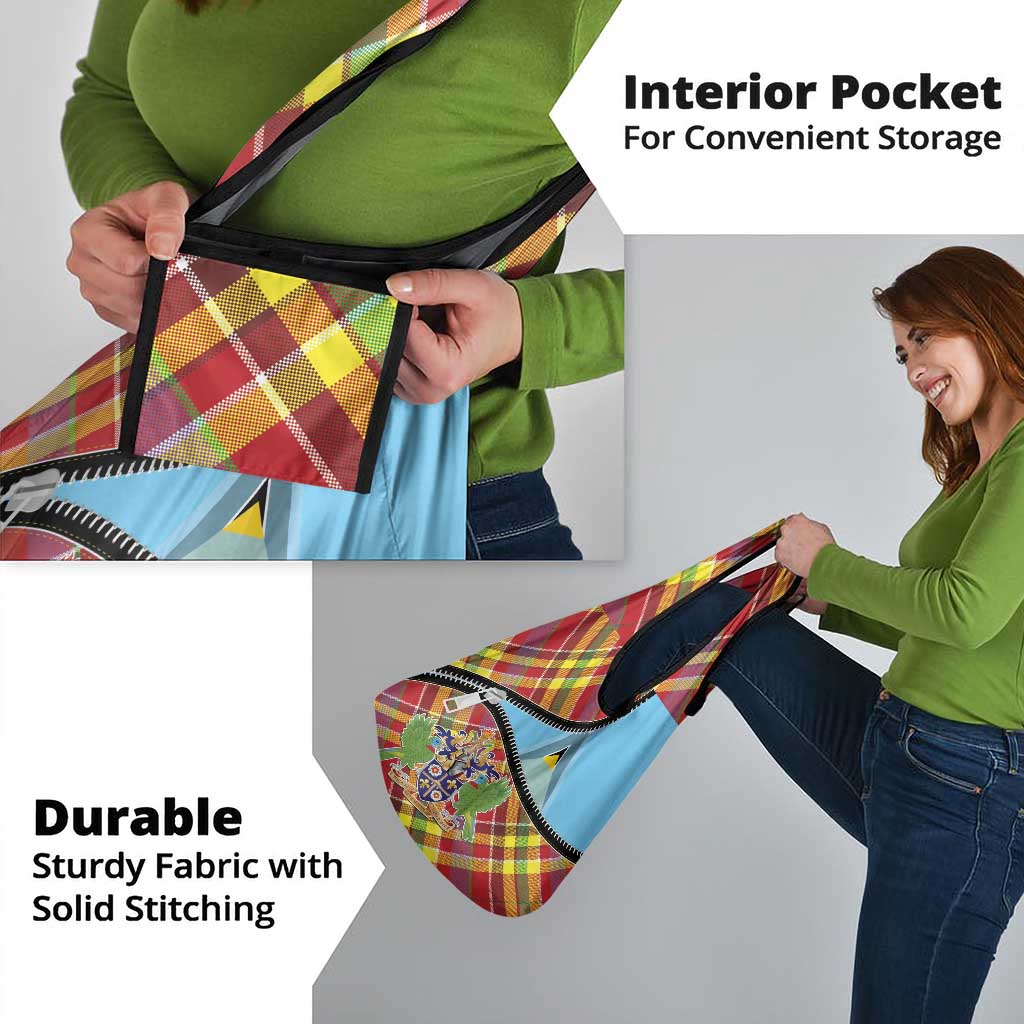 Saint Lucia Creole Day Grocery Bag Madras Pattern Zipper Stylized - Wonder Print Shop