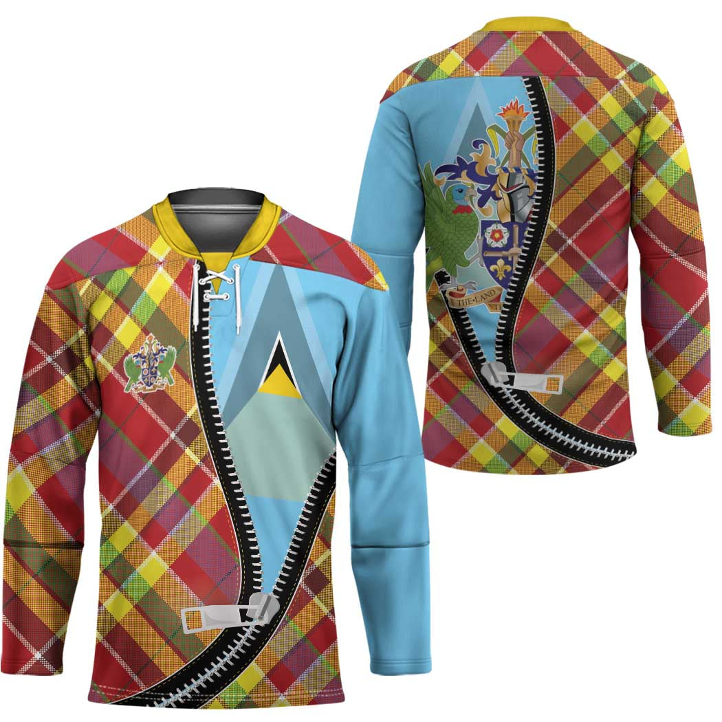 Saint Lucia Creole Day Hockey Jersey Madras Pattern Zipper Stylized - Wonder Print Shop