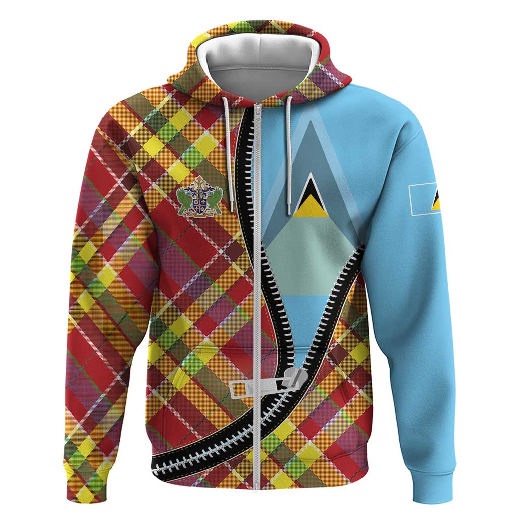 Saint Lucia Creole Day Hoodie Madras Pattern Zipper Stylized - Wonder Print Shop