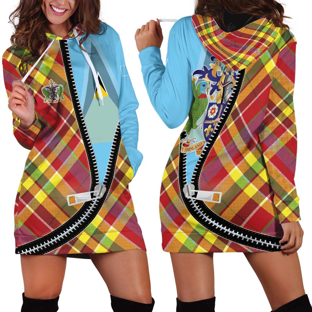 Saint Lucia Creole Day Hoodie Dress Madras Pattern Zipper Stylized - Wonder Print Shop