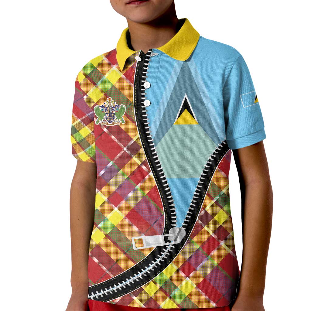 Saint Lucia Creole Day Kid Polo Shirt Madras Pattern Zipper Stylized - Wonder Print Shop