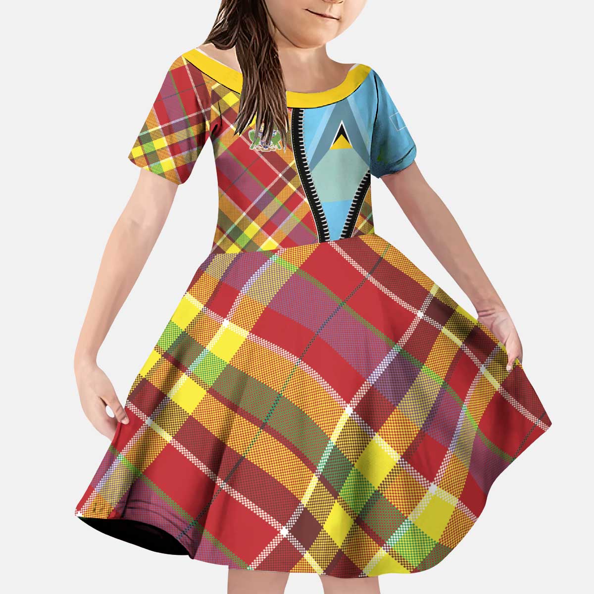 Saint Lucia Creole Day Kid Short Sleeve Dress Madras Pattern Zipper Stylized - Wonder Print Shop