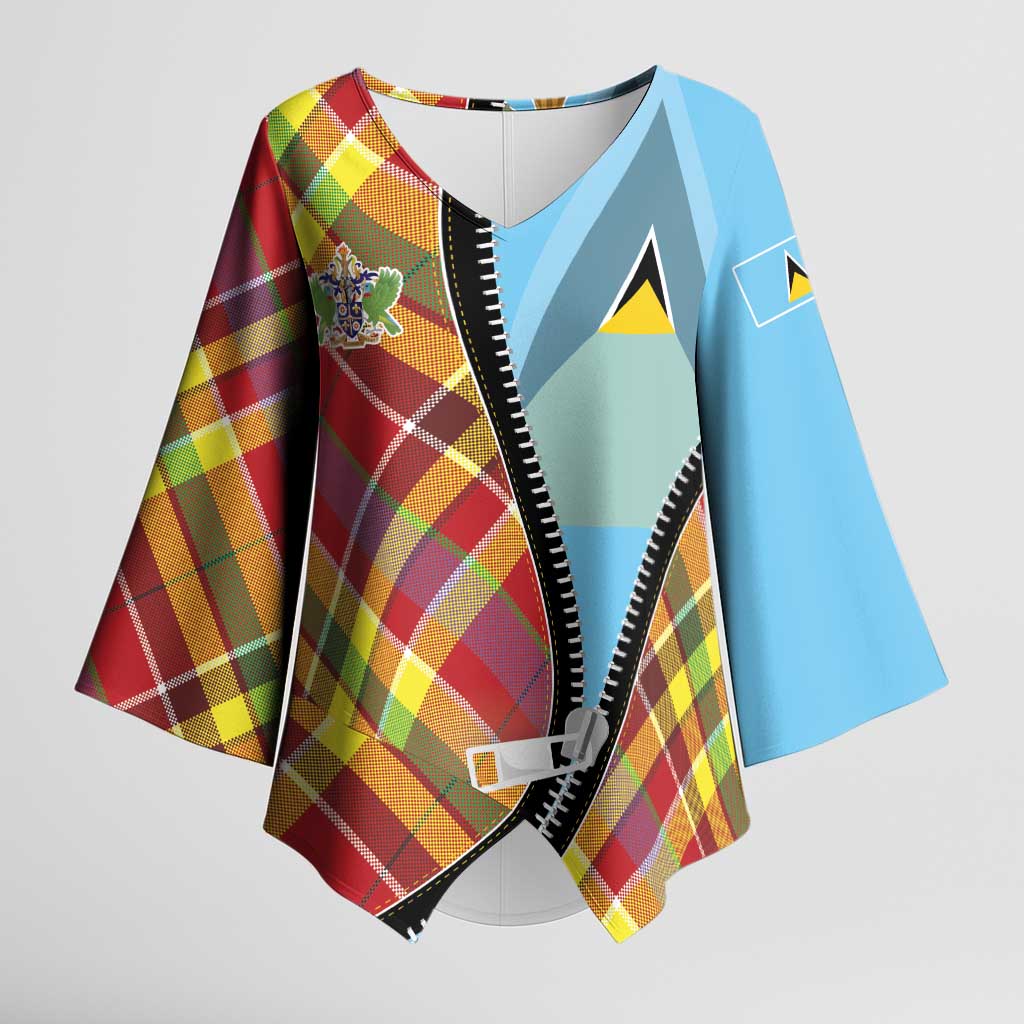 Saint Lucia Creole Day Kimono Sleeve Blouse Madras Pattern Zipper Stylized - Wonder Print Shop