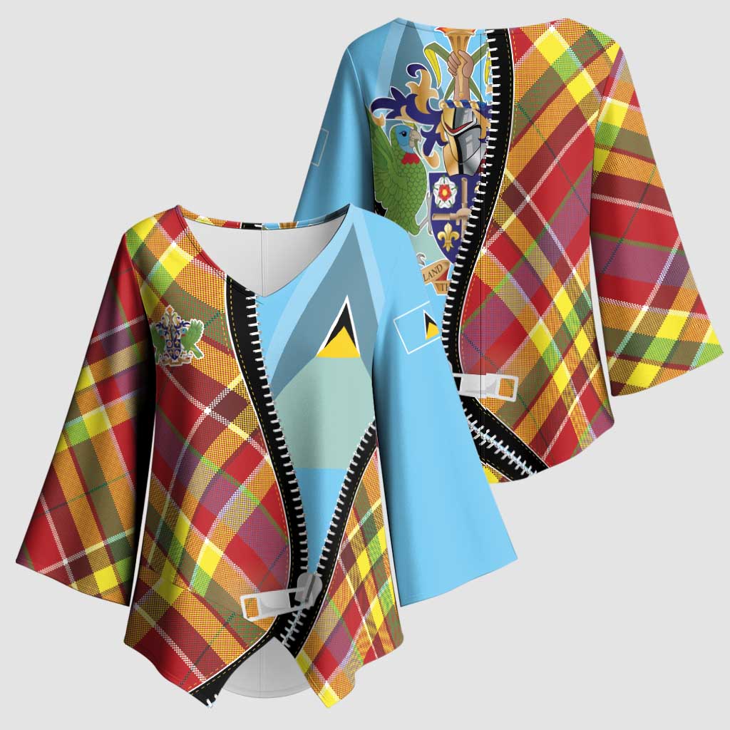 Saint Lucia Creole Day Kimono Sleeve Blouse Madras Pattern Zipper Stylized - Wonder Print Shop