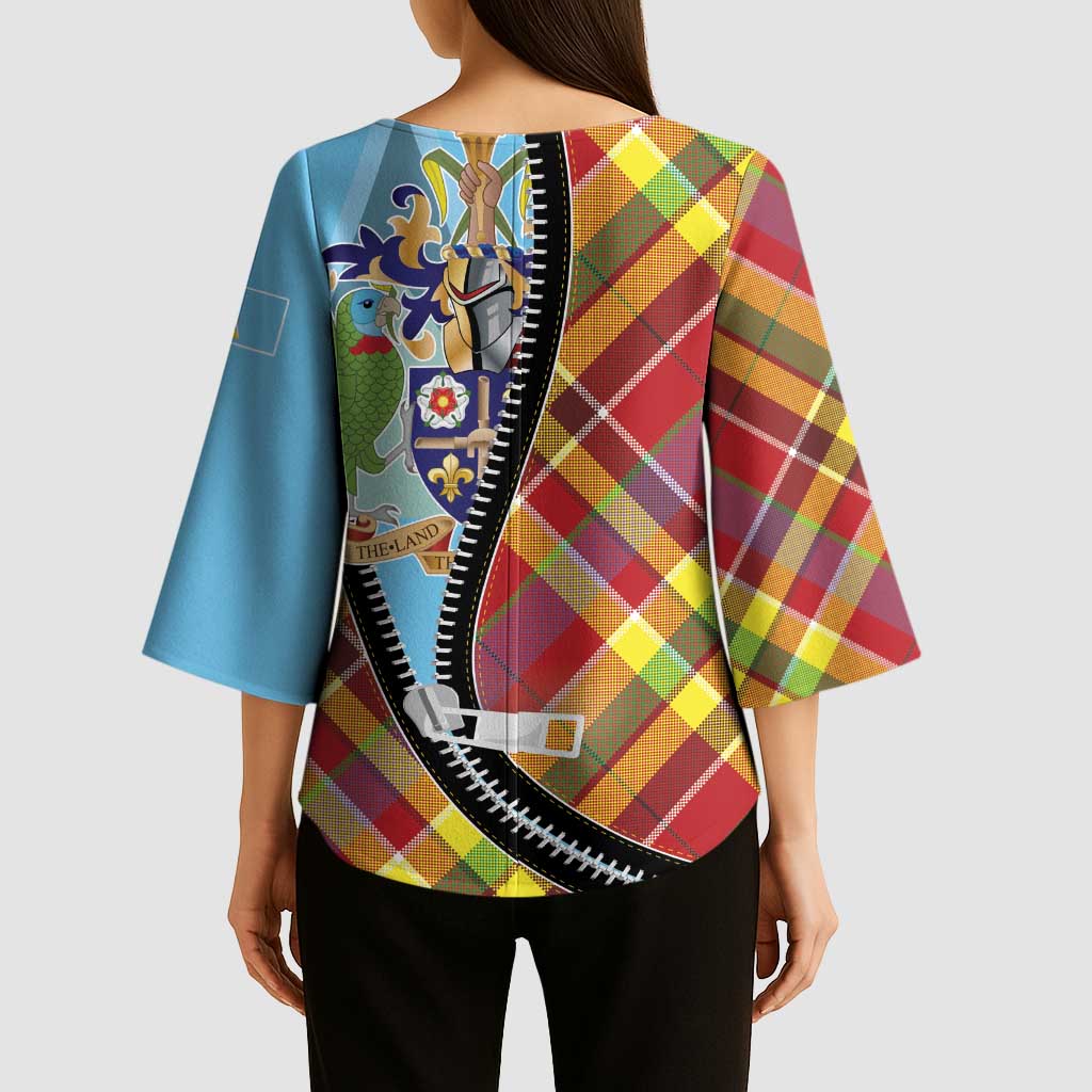 Saint Lucia Creole Day Kimono Sleeve Blouse Madras Pattern Zipper Stylized - Wonder Print Shop