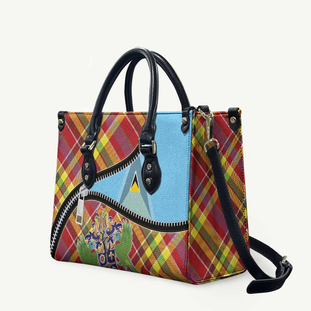 Saint Lucia Creole Day Leather Bag Madras Pattern Zipper Stylized - Wonder Print Shop