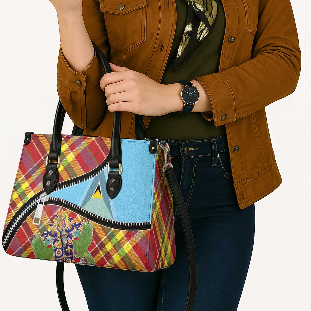 Saint Lucia Creole Day Leather Bag Madras Pattern Zipper Stylized - Wonder Print Shop