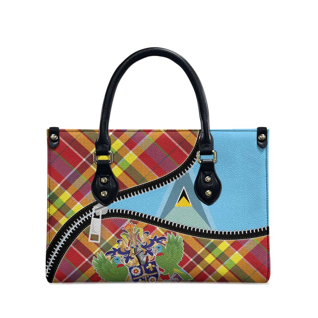 Saint Lucia Creole Day Leather Bag Madras Pattern Zipper Stylized - Wonder Print Shop