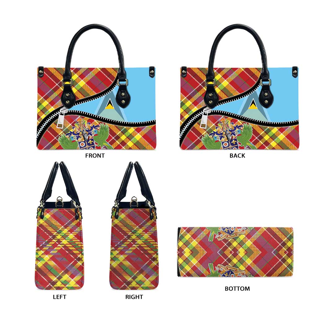 Saint Lucia Creole Day Leather Bag Madras Pattern Zipper Stylized - Wonder Print Shop