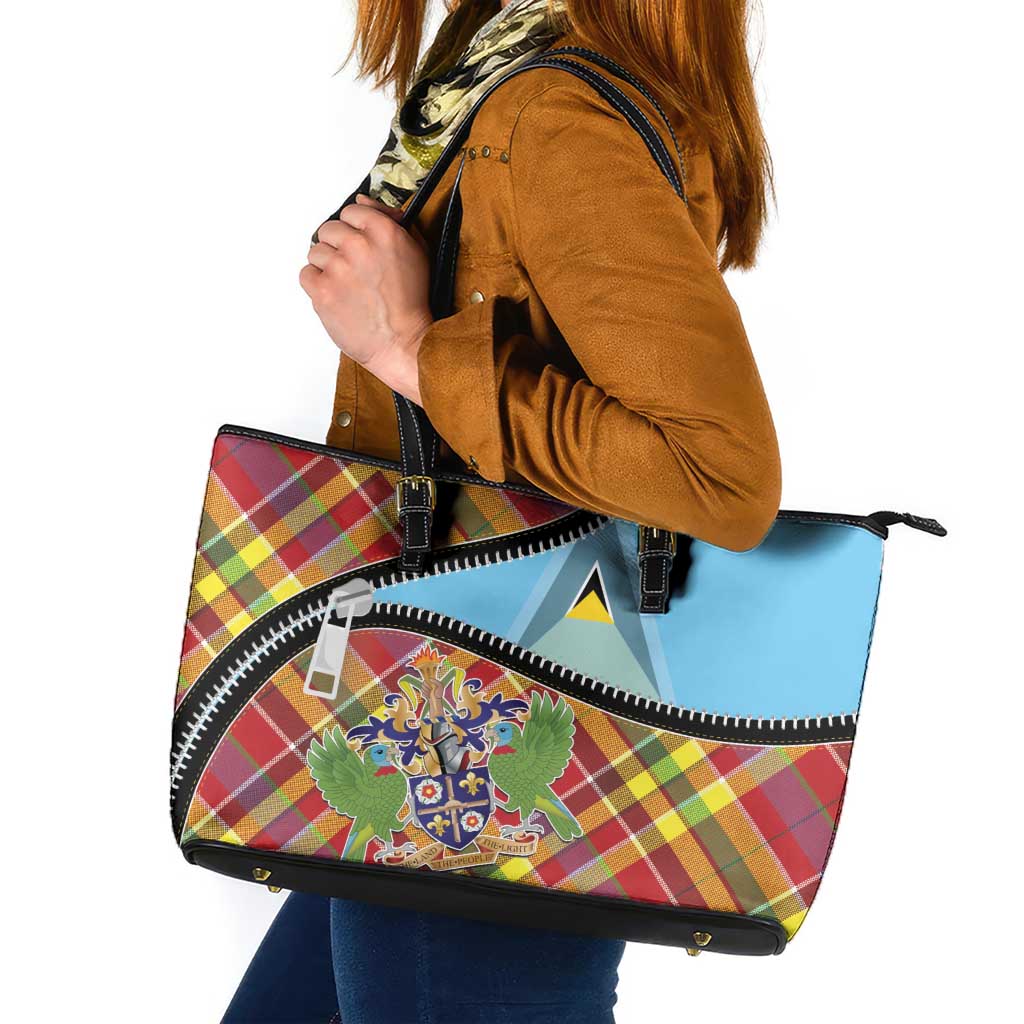 Saint Lucia Creole Day Leather Tote Bag Madras Pattern Zipper Stylized - Wonder Print Shop