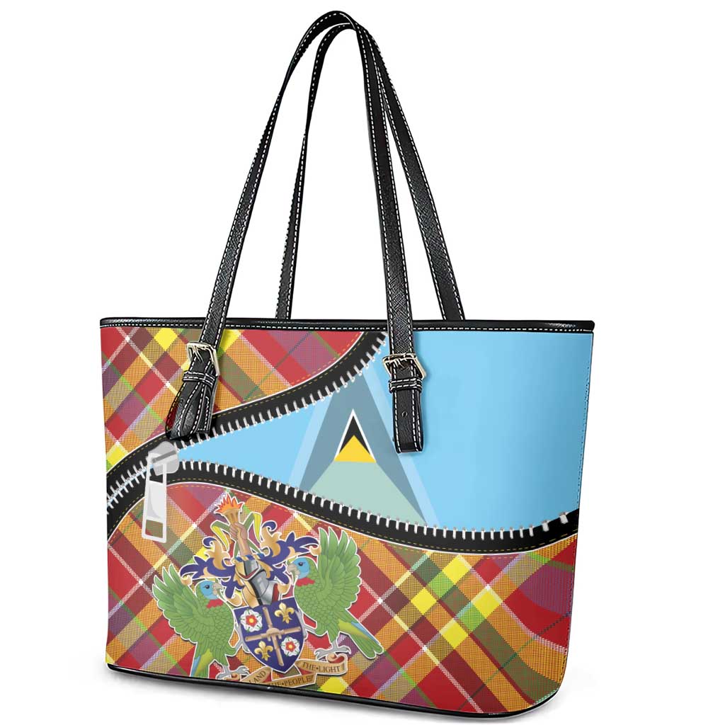Saint Lucia Creole Day Leather Tote Bag Madras Pattern Zipper Stylized - Wonder Print Shop