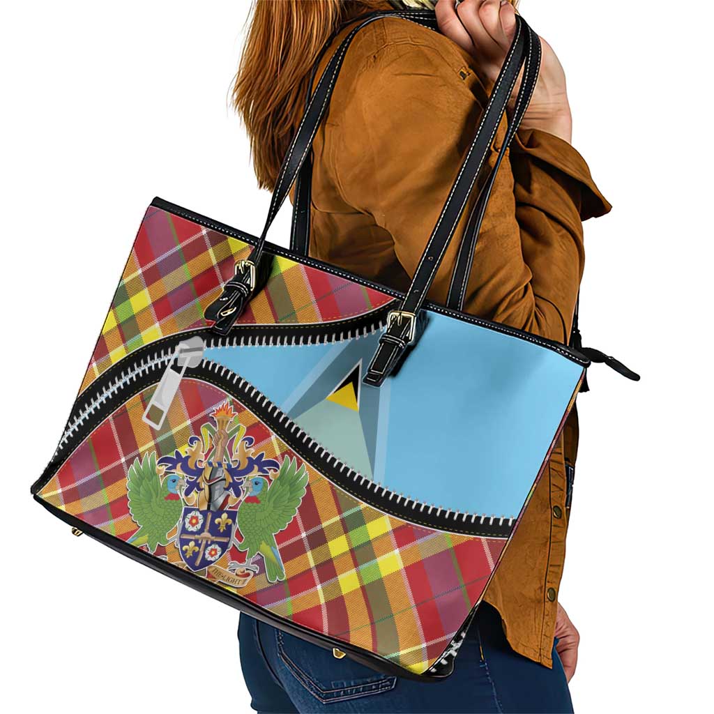 Saint Lucia Creole Day Leather Tote Bag Madras Pattern Zipper Stylized - Wonder Print Shop