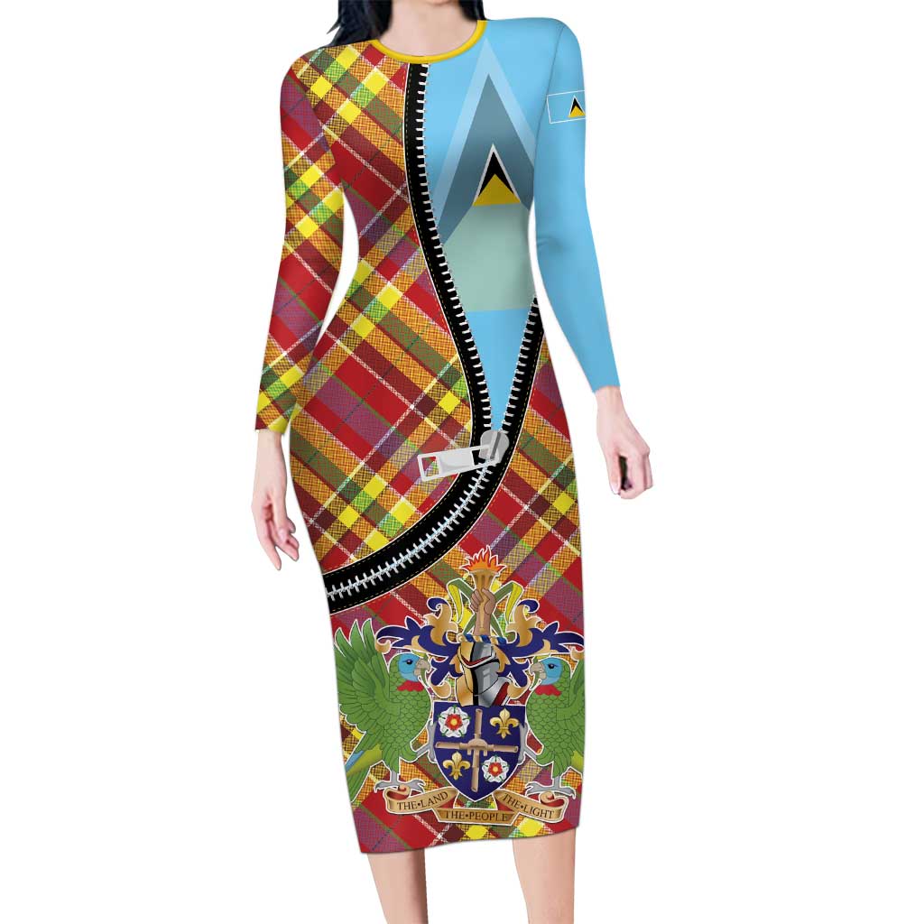 Saint Lucia Creole Day Long Sleeve Bodycon Dress Madras Pattern Zipper Stylized - Wonder Print Shop