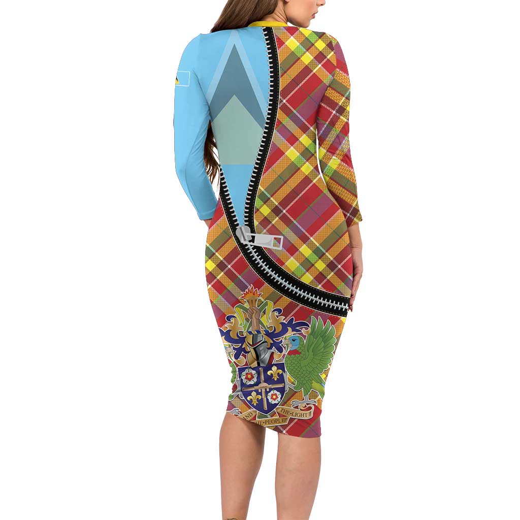 Saint Lucia Creole Day Long Sleeve Bodycon Dress Madras Pattern Zipper Stylized - Wonder Print Shop