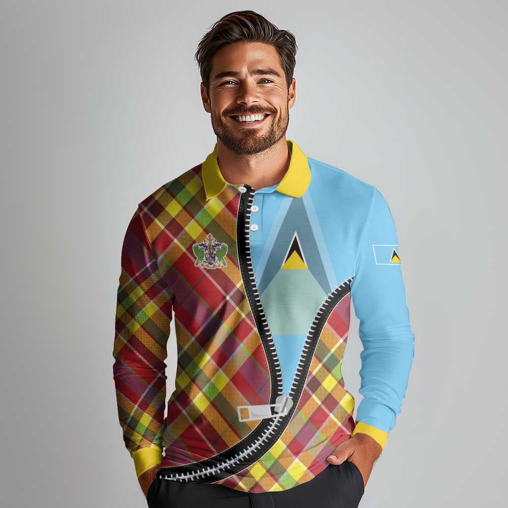 Saint Lucia Creole Day Long Sleeve Polo Shirt Madras Pattern Zipper Stylized - Wonder Print Shop