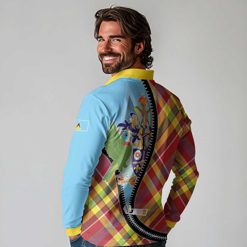 Saint Lucia Creole Day Long Sleeve Polo Shirt Madras Pattern Zipper Stylized - Wonder Print Shop