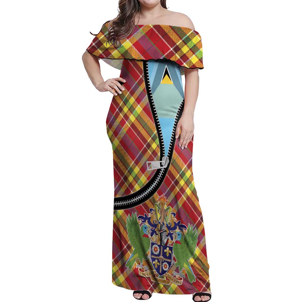 Saint Lucia Creole Day Off Shoulder Maxi Dress Madras Pattern Zipper Stylized - Wonder Print Shop
