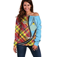 Saint Lucia Creole Day Off Shoulder Sweater Madras Pattern Zipper Stylized - Wonder Print Shop