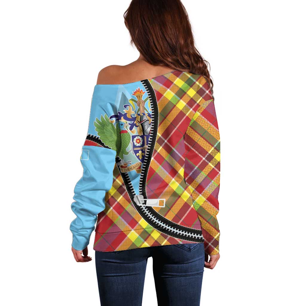 Saint Lucia Creole Day Off Shoulder Sweater Madras Pattern Zipper Stylized - Wonder Print Shop