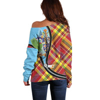 Saint Lucia Creole Day Off Shoulder Sweater Madras Pattern Zipper Stylized - Wonder Print Shop