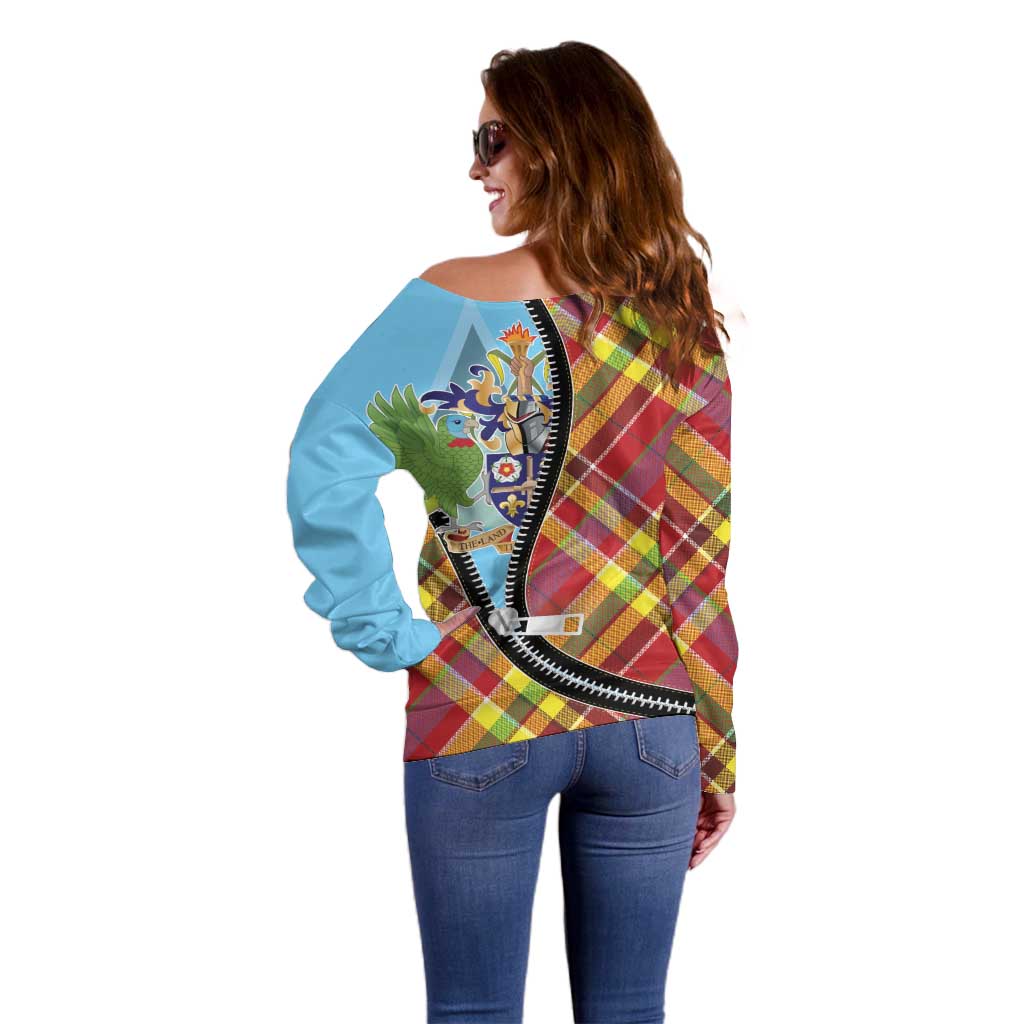 Saint Lucia Creole Day Off Shoulder Sweater Madras Pattern Zipper Stylized - Wonder Print Shop