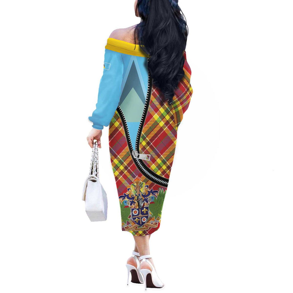 Saint Lucia Creole Day Off The Shoulder Long Sleeve Dress Madras Pattern Zipper Stylized - Wonder Print Shop