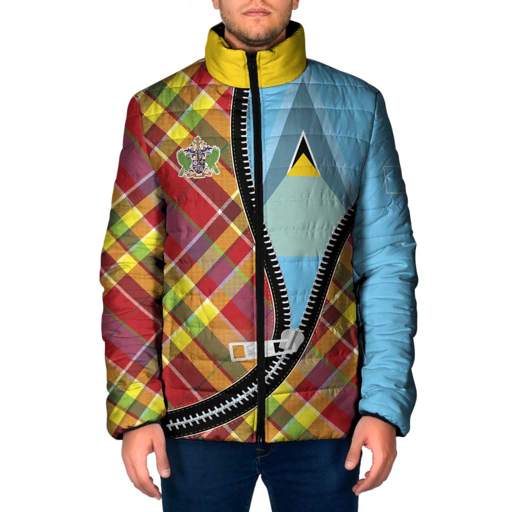 Saint Lucia Creole Day Padded Jacket Madras Pattern Zipper Stylized - Wonder Print Shop