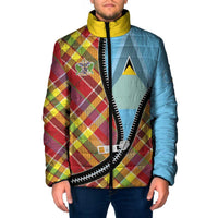Saint Lucia Creole Day Padded Jacket Madras Pattern Zipper Stylized - Wonder Print Shop